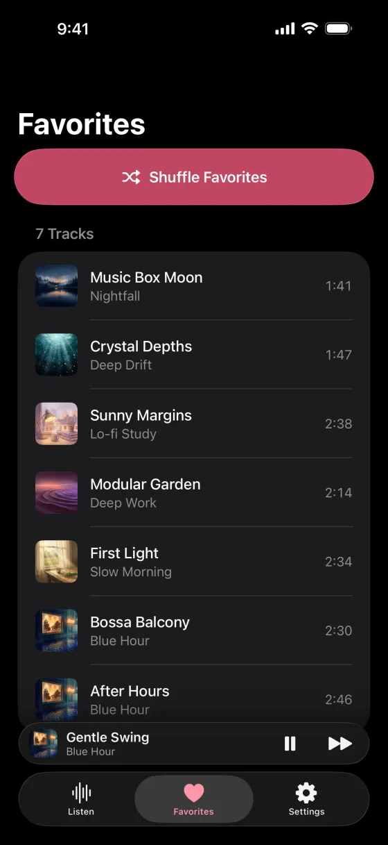 Keep the tracks you love. Favorites with 7 tracks from Nightfall, Deep Drift, Lo-fi Study, Deep Work, Slow Morning and Blue Hour, and a Shuffle Favorites button.
