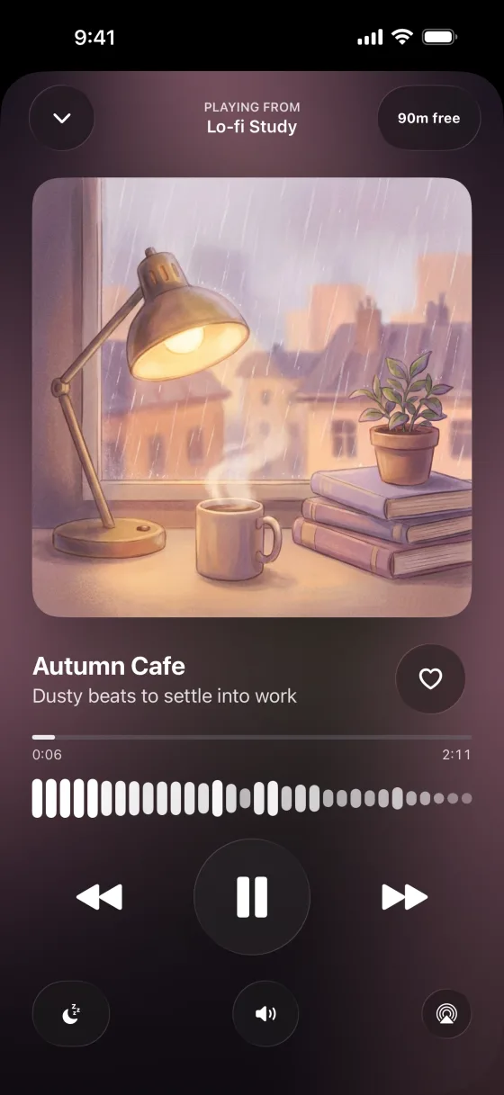 Settle into work. The Lo-fi Study station playing Autumn Cafe, dusty beats to settle into work.