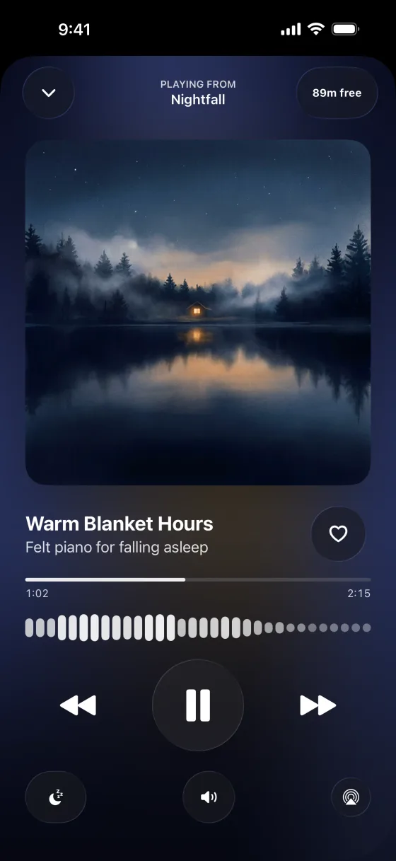Fall asleep to felt piano. The Nightfall station playing Warm Blanket Hours, felt piano for falling asleep, with 89 free minutes left today.