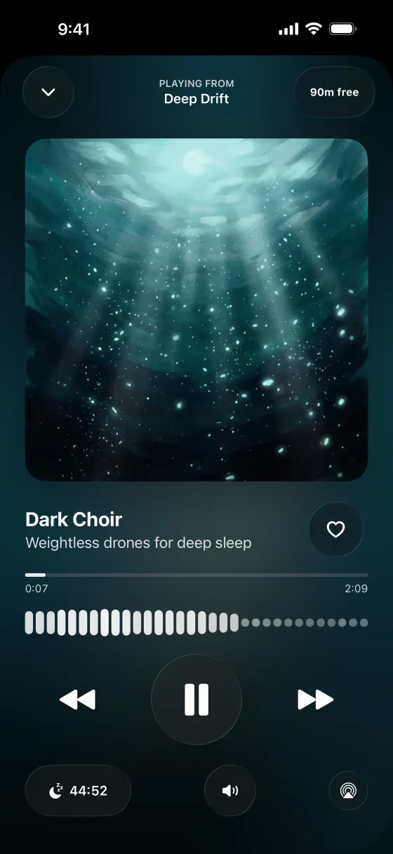 Drift off while the music fades. The Deep Drift station playing Dark Choir, with the sleep timer at 44 minutes 52 seconds.